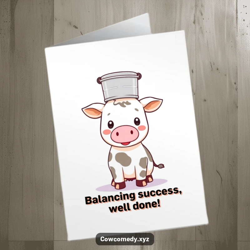 Funny free printable congratulations card: a Kawaii cow with a milk pail balanced perfectly on its head.