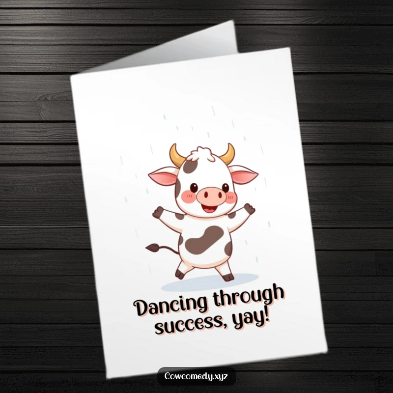 Funny Free Printable Cow Congratulations Card: A Joyful Cow Dancing Enthusiastically in the Rain, Smiling Wide