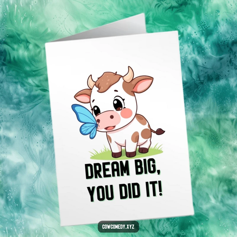 Funny Free Printable Congratulations Card: A Kawaii cow with wide eyes attempting to catch a butterfly, symbolizing pursuit.