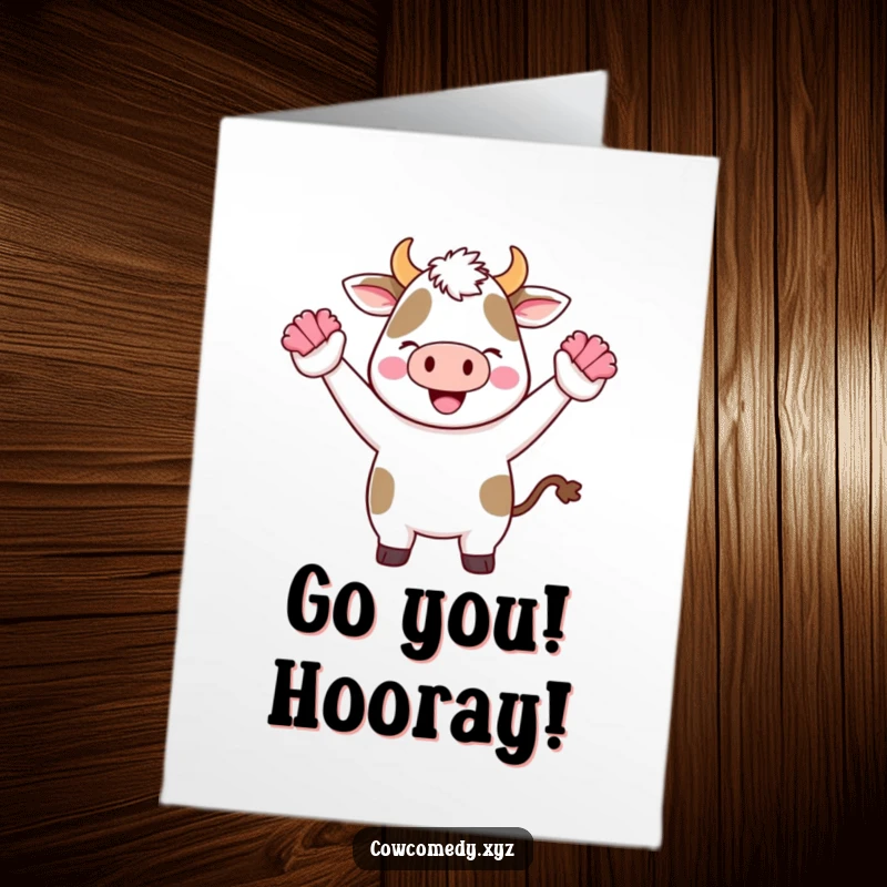 Funny Free Printable Congratulations Card: A happy Kawaii cow cheering with pom-poms, perfect for celebrating any win.