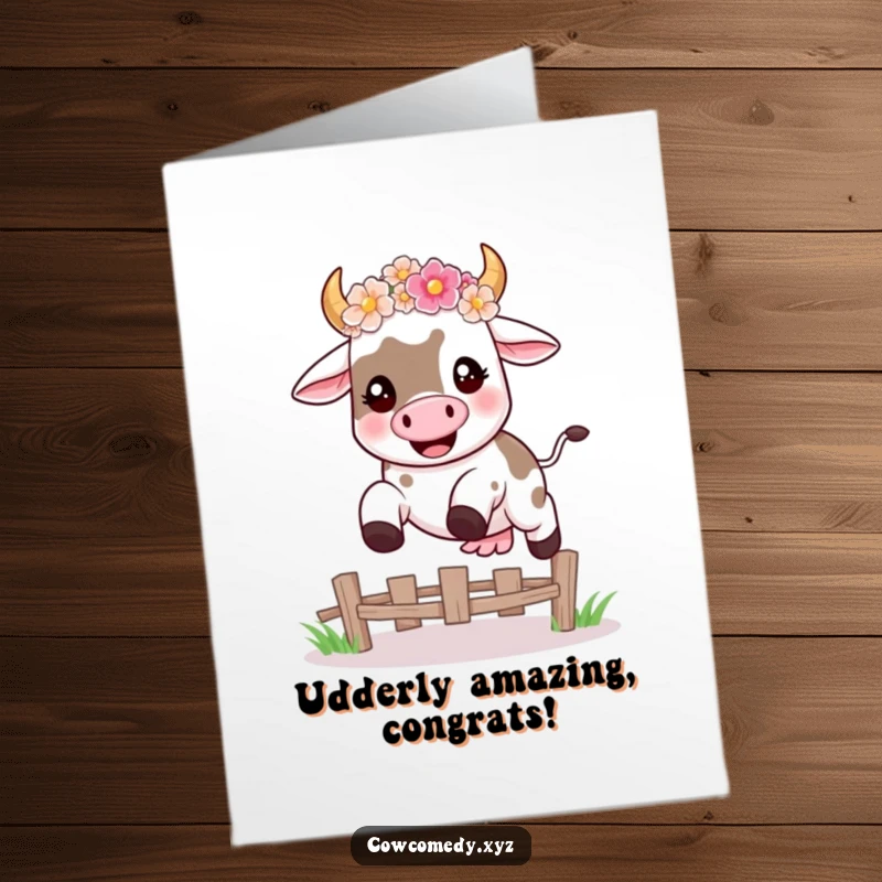 Funny Free Printable Congrats Card: Happy kawaii cow in flower crown leaping fence, cheering for success.