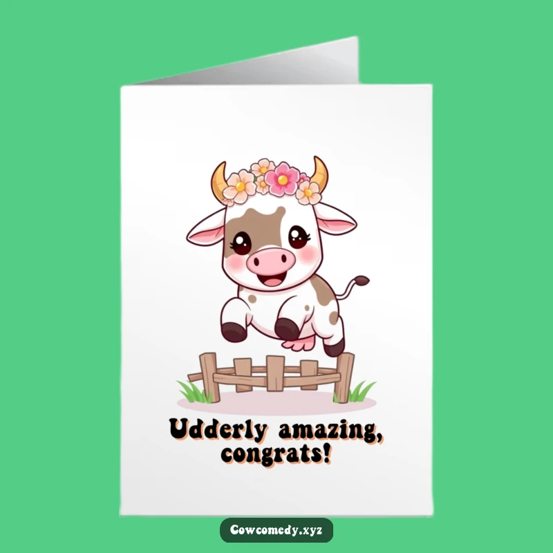 Free Printable Congrats Card: Cow Flower Leap Success Funny Downloadable Gift