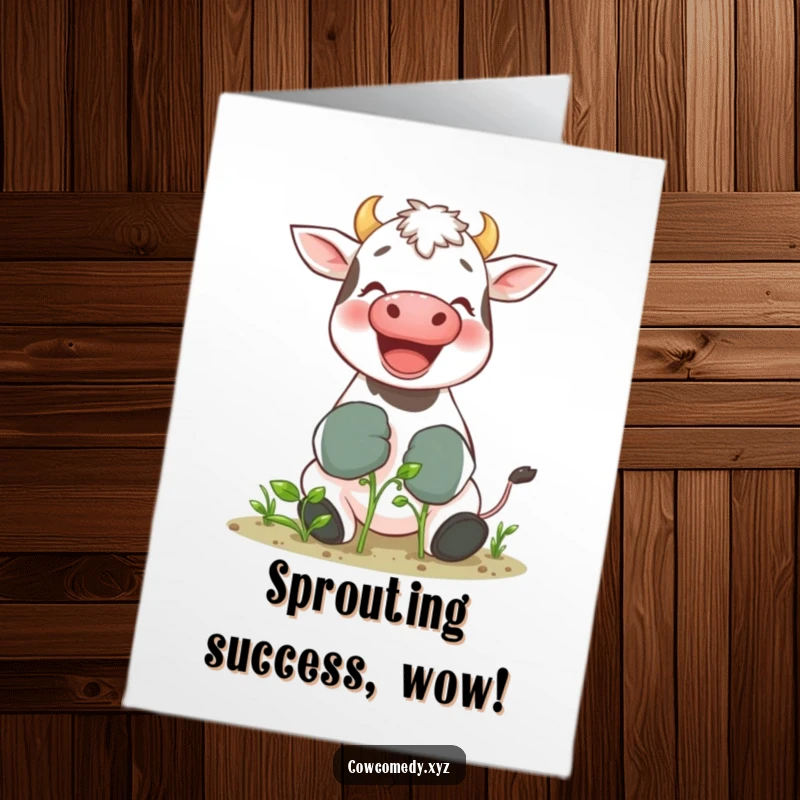 Funny Free Printable Congrats Card: Giggling cow in oversized gloves proudly shows off a tiny sprout, celebrating achievements.