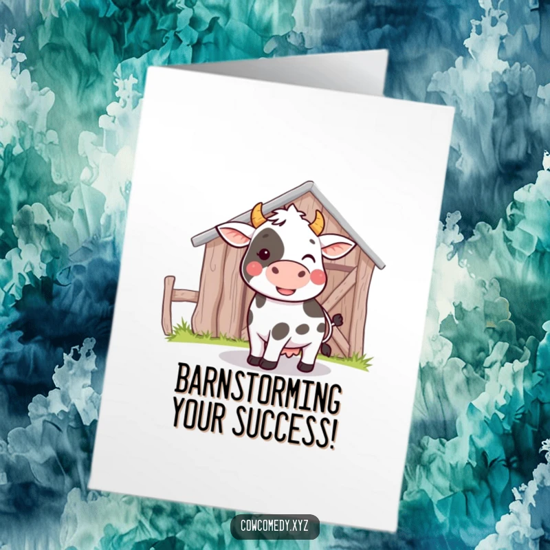 Funny free printable congratulations card: A cow playfully bumps its head against a barn, a humorous downloadable.