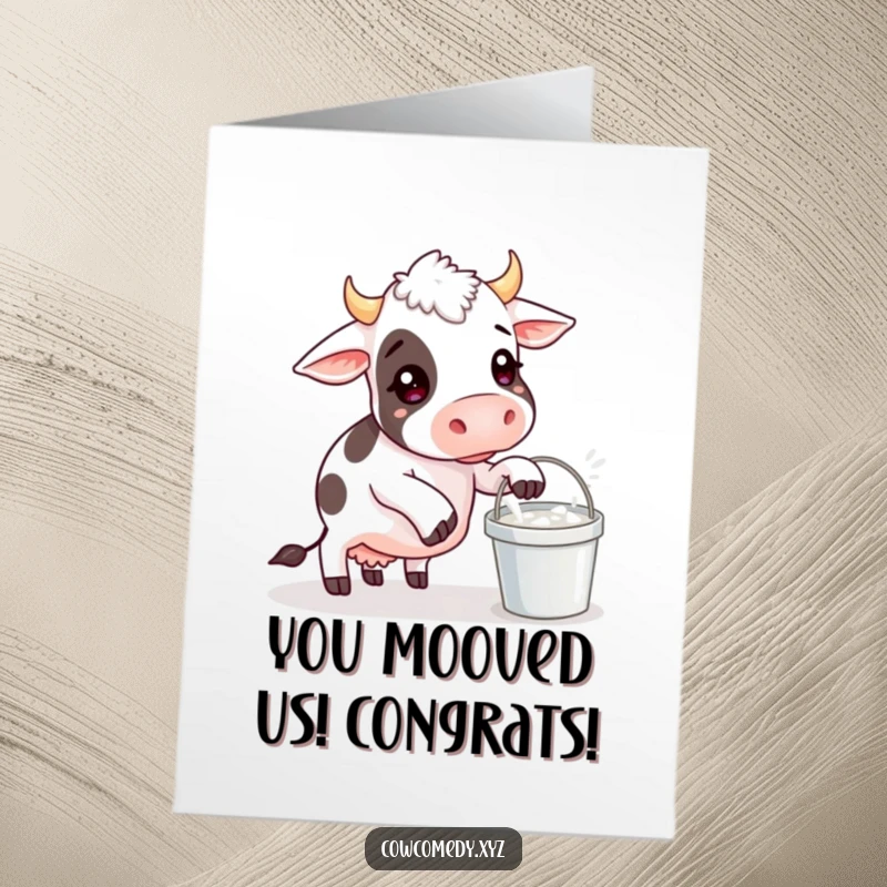 Funny free printable congratulations card: Cow hilariously struggles to balance a milk bucket, a unique downloadable.