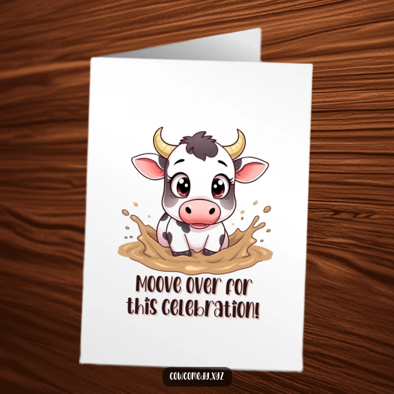 Funny Free Printable Congratulations Card: A cow with wide, expressive eyes joyfully splashing in mud, celebrating with abandon.