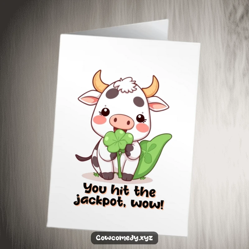Funny Free Printable Congratulations Card: A delighted Kawaii cow enjoying a huge clover, perfect for celebrating achievements.