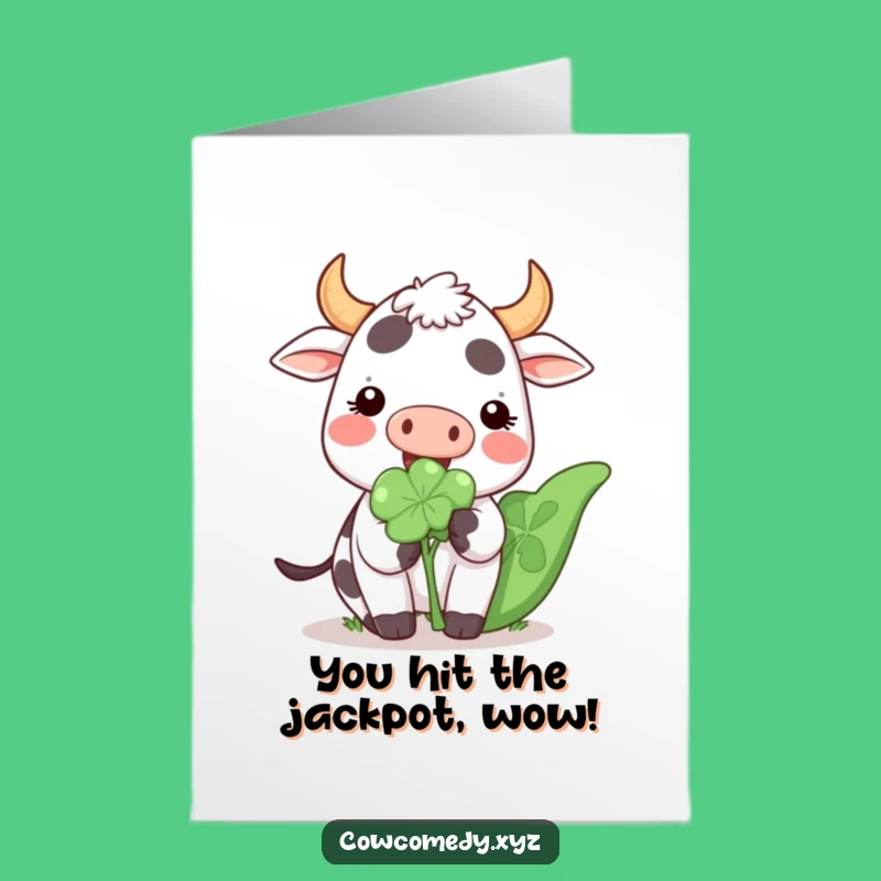 Free Printable Congrats Card: Happy Kawaii Cow & Clover, Joyful Downloadable Gift