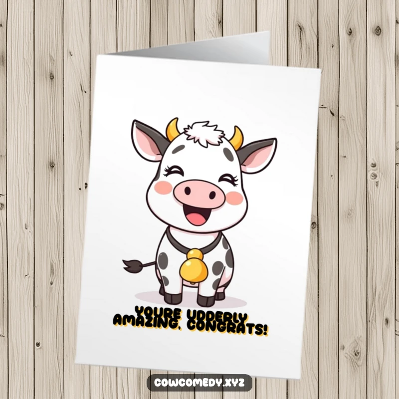 Funny Free Printable Congratulations Card: A cow wearing a bell joyfully wiggles its body, expressing ecstatic congratulations and delight.