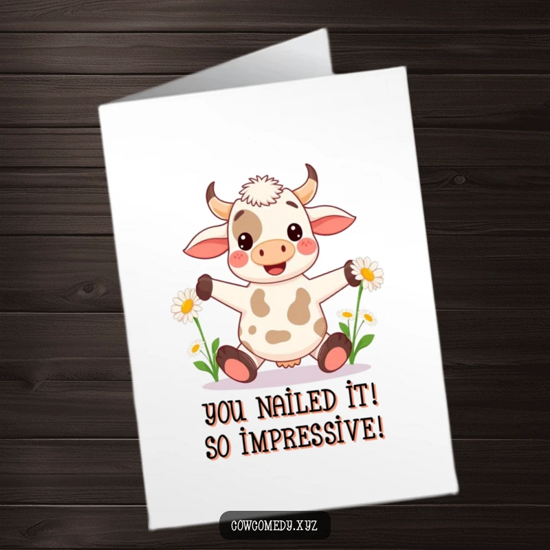 Free Printable Congratulations Card: A kawaii cow with a cheerful expression, skillfully juggling large daisies with its hooves.