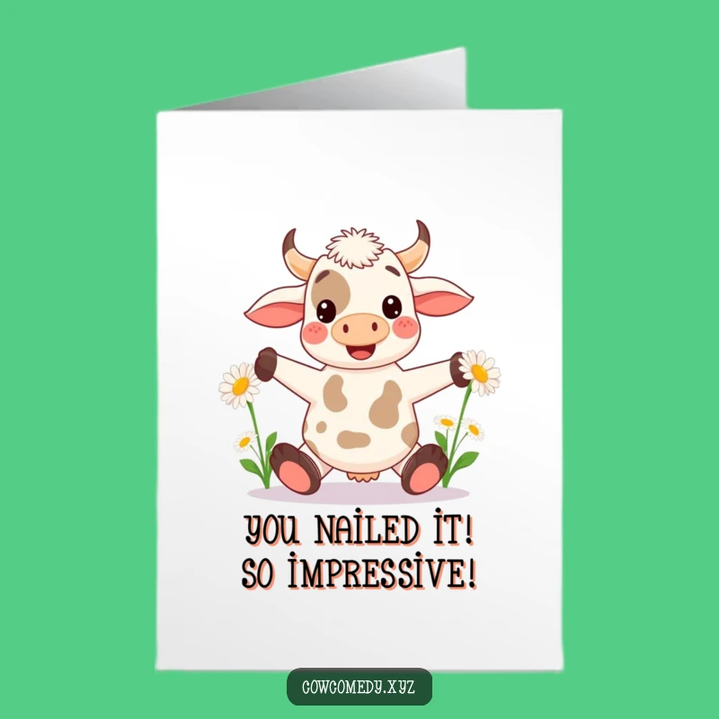 Free Printable Congrats Card: Kawaii Cow Juggling Daisies, Joyful Downloadable Message