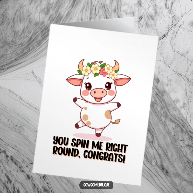 Free Printable Congratulations Card: A kawaii cow adorned with a flower crown, doing a joyful little spin with glee.