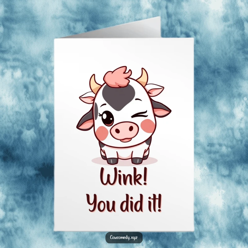 Funny Free Printable Congratulations Card: A mischievous Kawaii cow winking, hinting at a secret shared success, perfect for congrats.