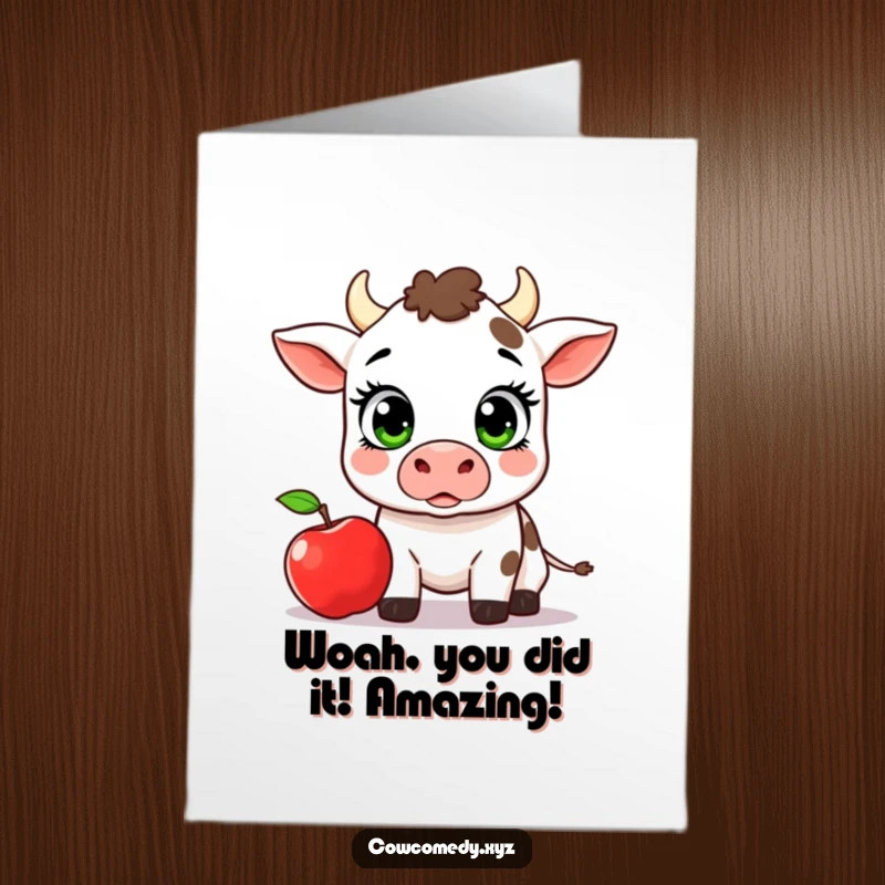 Funny Free Printable Congrats Card: A startled kawaii cow eyes wide as an apple falls, perfect for a downloadable gift.