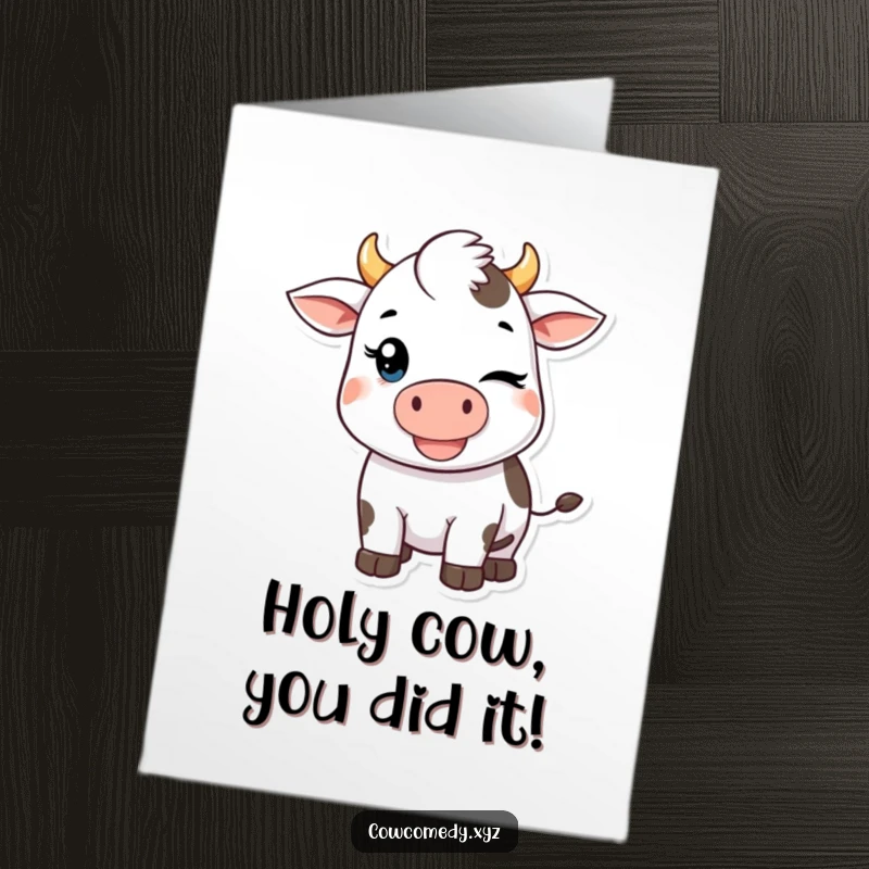 Funny Free Printable Congratulations Card: Kawaii cow winking mischievously, perfect for celebrating achievements.