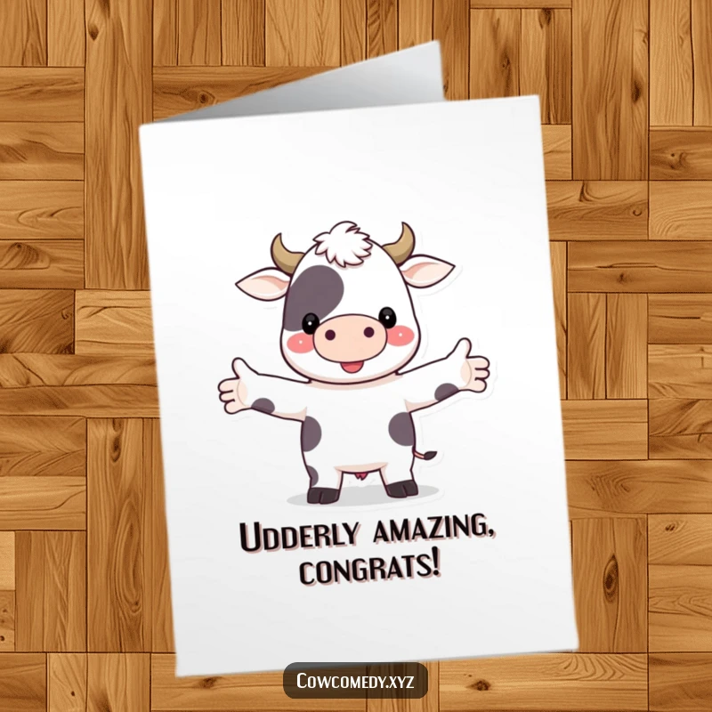 Free Printable Congratulations Card showcasing a cheerful cow extending its arms for a warm, festive hug.
