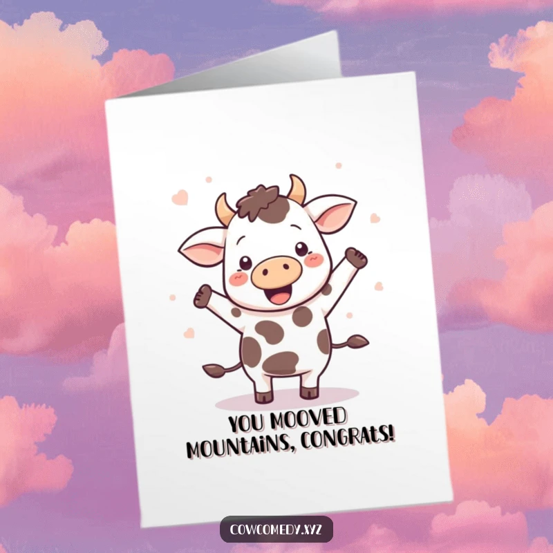 Funny free printable congratulations card featuring a joyful Kawaii cow dancing with spots flying ecstatically.
