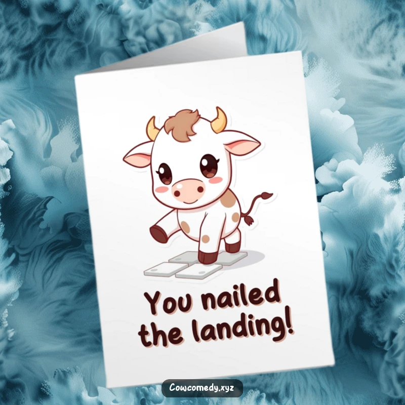 Free Printable Kawaii Cow Congratulations Card showing a happy cow character playing hopscotch, celebrating landing on the winning square.