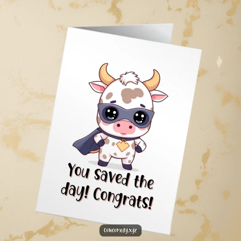 Funny Free Printable Congratulations Card: a cute Kawaii cow dressed as a superhero, celebrating victory with flair.