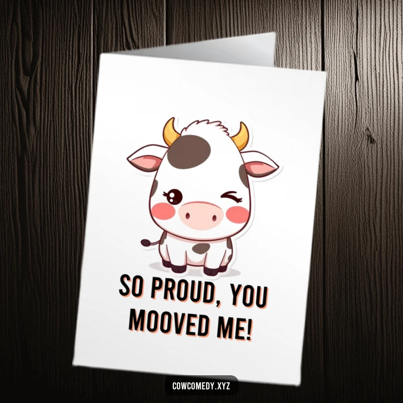 Funny Free Printable Congratulations Card with a blushing kawaii cow winking cheekily, perfect for sweet victories.