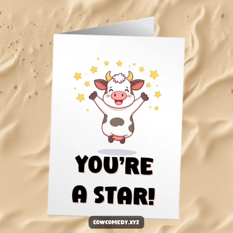 Funny Free Printable Congratulations Card showing an ecstatic cow jumping amidst a cascade of shining stars. A festive downloadable gift.