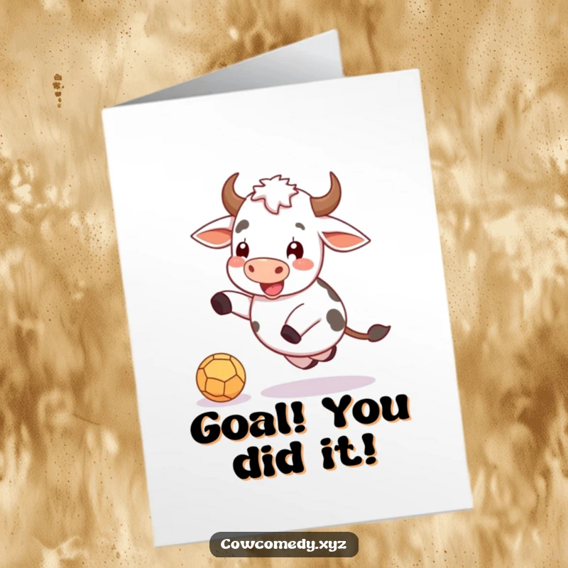 Funny Free Printable Congrats Card: Cow gleefully kicking a ball, celebrating achievement with cartoon art.