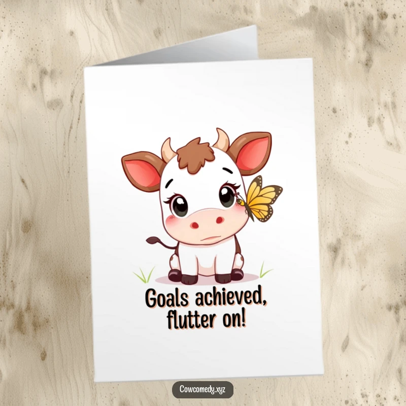 Funny free printable congratulations card: a wide-eyed Kawaii cow gently trying to catch a butterfly.