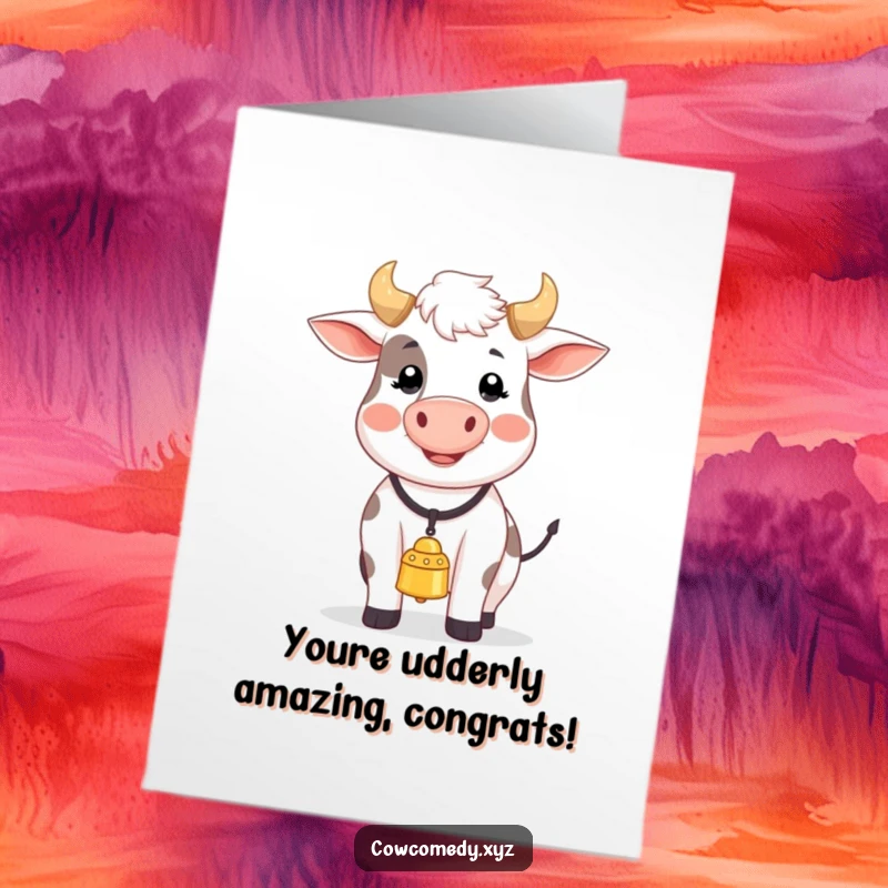 Funny free printable congratulations card featuring a happy cow with a bell, belting out a celebratory song.