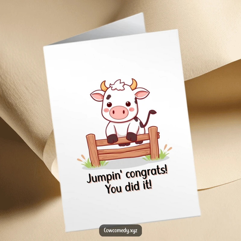 Funny Free Printable Congratulations Card: A happy Kawaii cow leaping energetically over a fence, celebrating a great achievement.