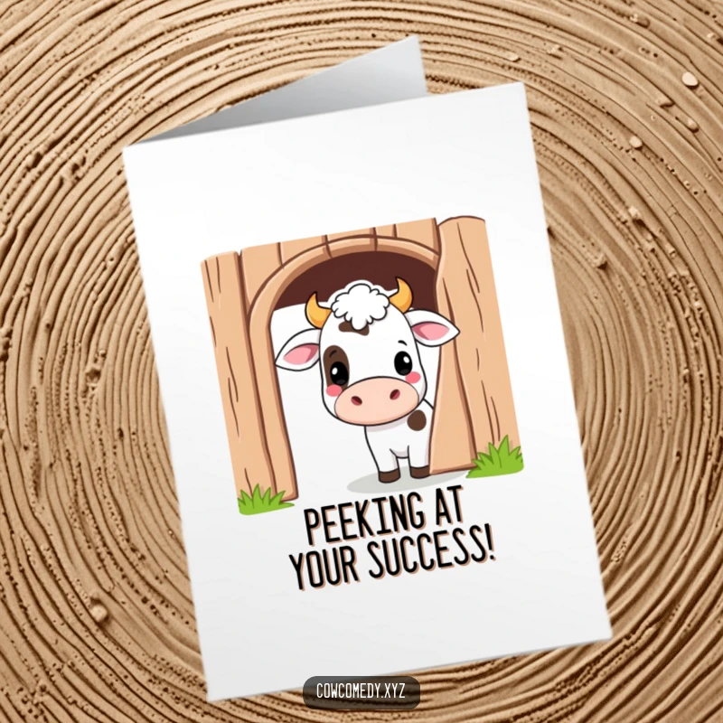 Funny Free Printable Congratulations Card: A mischievous Kawaii cow peeking from a barn door, perfect for surprising news.