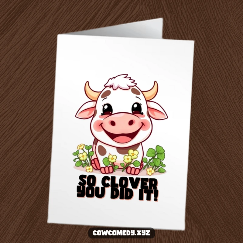Funny free printable congratulations card: A happy cow with a wide grin eating clover, a delightful success.
