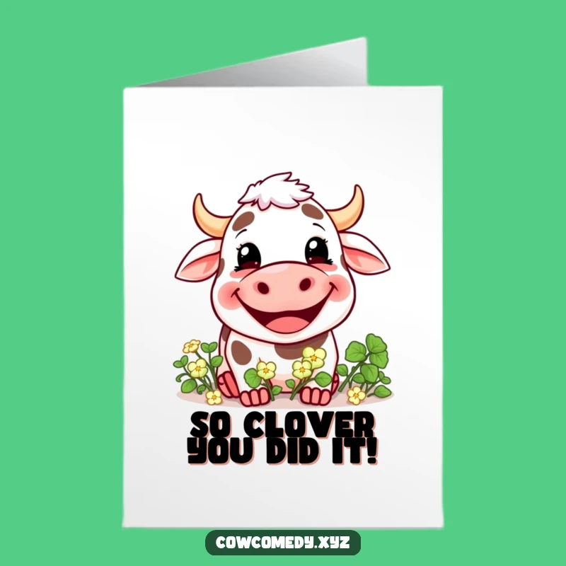 Free Printable Congrats Card: Happy Clover-Eating Cow, Funny Downloadable Success Gift