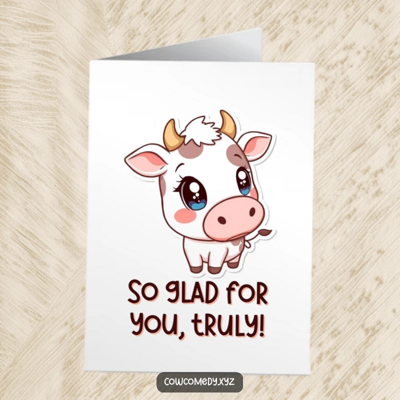 Free Printable Congratulations Card: A cow with large, sparkly eyes playfully tilting its head sideways, looking endearing.