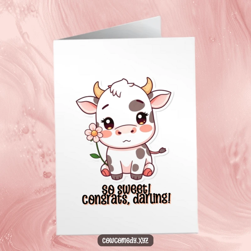 Funny Free Printable Congratulations Card: A shy Kawaii cow, adorned with a flower, blushing happily after a success.