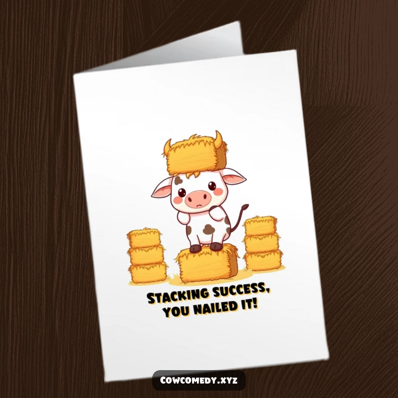 Funny Free Printable Congrats Card: A determined kawaii cow precariously balancing many hay bales, a downloadable gift.