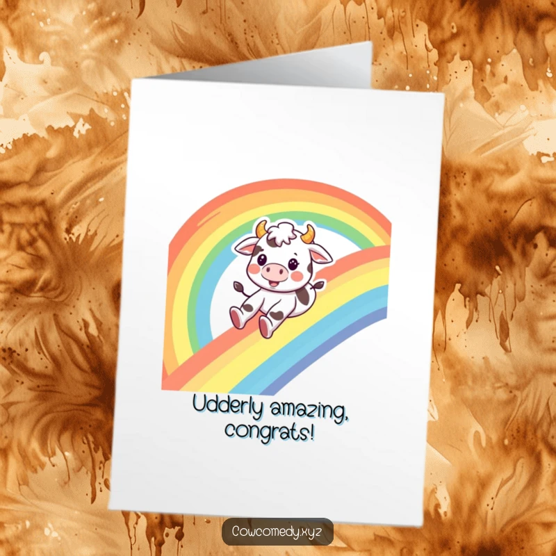 Funny Free Printable Congratulations Card: A happy cow slides down a rainbow, celebrating your fantastic achievements.