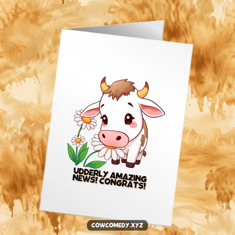 Funny Free Printable Congratulations Card showing a curious cow investigating a massive daisy, perfect for celebrating achievements.