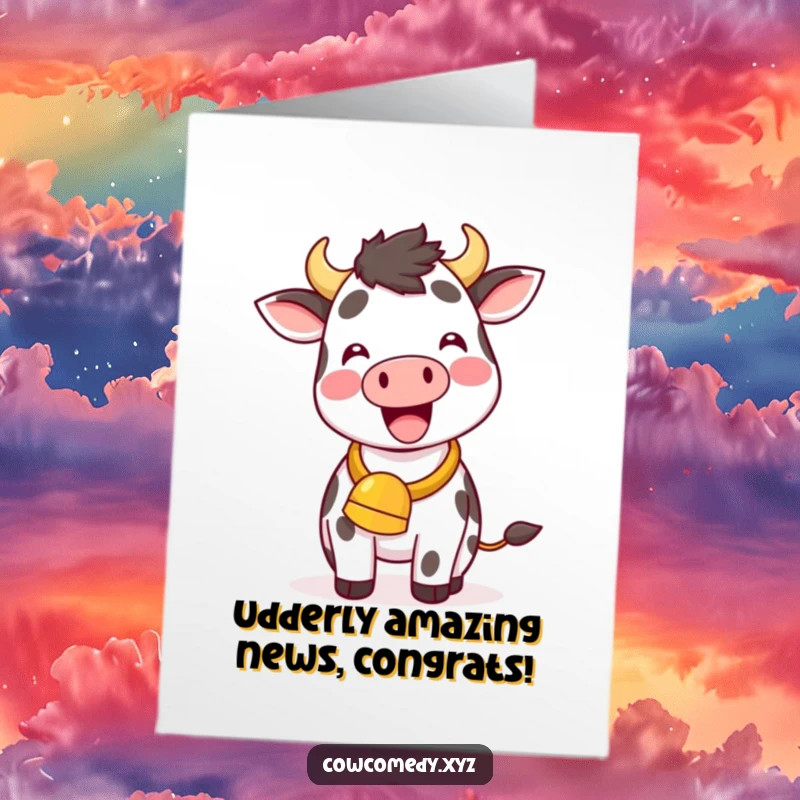 Funny Free Printable Congrats Card: A delighted kawaii cow energetically ringing its cowbell, celebrating a special achievement with a downloadable art.