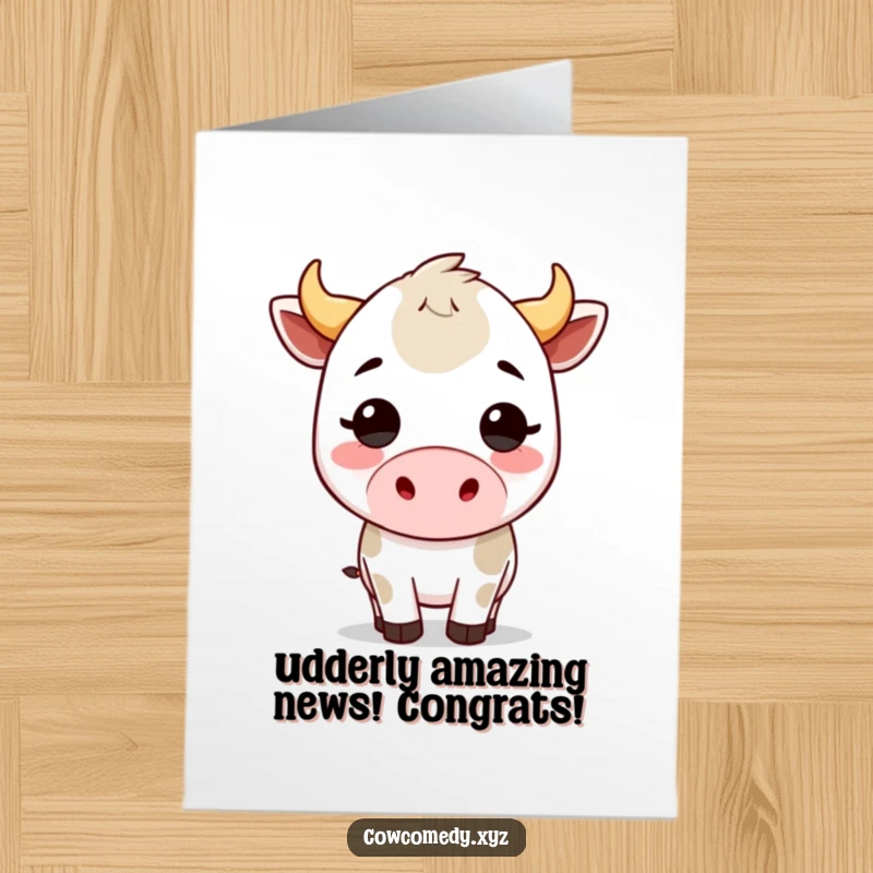 Funny Free Printable Congratulations Card: a cute Kawaii cow giving an enthusiastic playful headbutt to celebrate success.