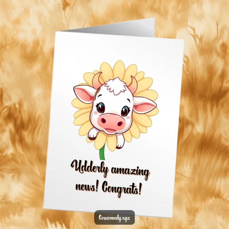 Funny Free Printable Congrats Card: Kawaii cow peeking inquisitively from behind a giant daisy, celebrating achievements.