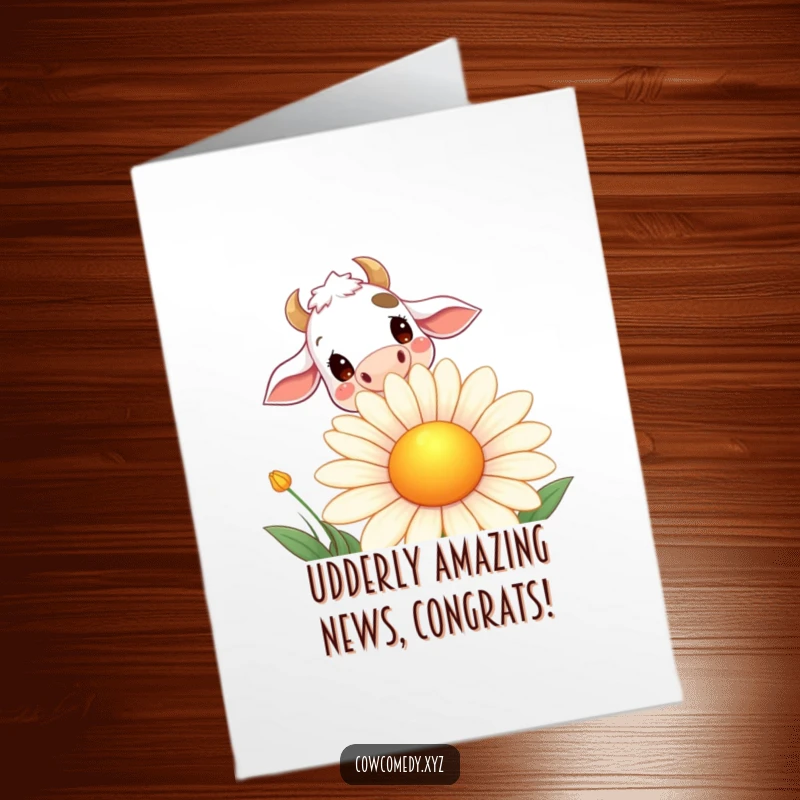 Funny Free Printable Congrats Card: Curious cow peeking over a giant smiling daisy, celebrating good news with cheer.