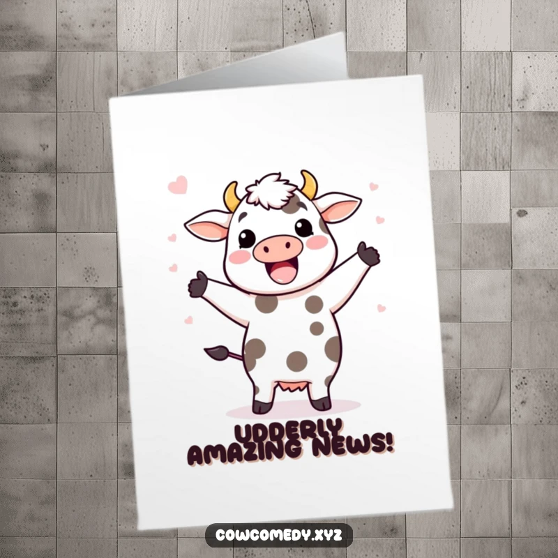 Funny Free Printable Congratulations Card: A Kawaii cow doing a happy dance, celebrating success with flying spots.
