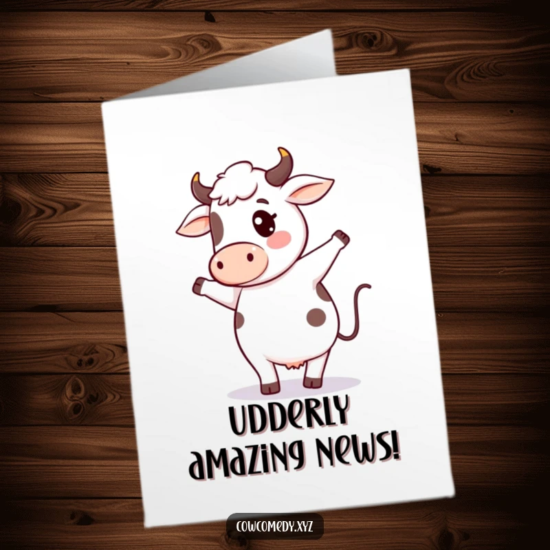 Funny Free Printable Congrats Card: Kawaii cow performing a hilarious, energetic dance with its tail up.