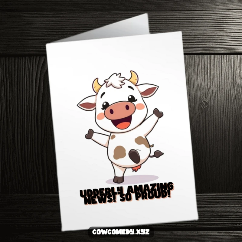 Free Printable Congratulations Card showing a happy kawaii cow energetically kicking its heels up in a gesture of pure excitement.