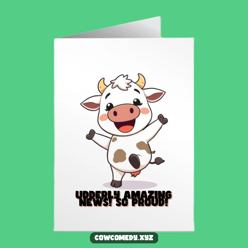 Free Printable Congrats Card: Energetic Kawaii Cow Kicking Up Heels, Downloadable Fun