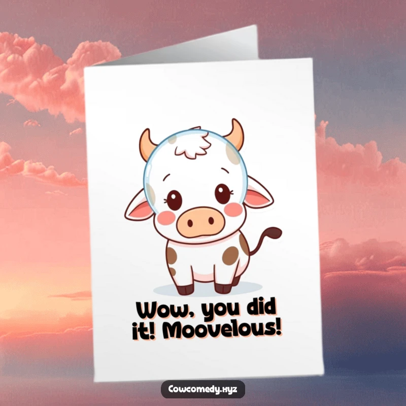 Funny Free Printable Congrats Card: Kawaii cow with wide eyes reacts with surprise to a floating bubble.