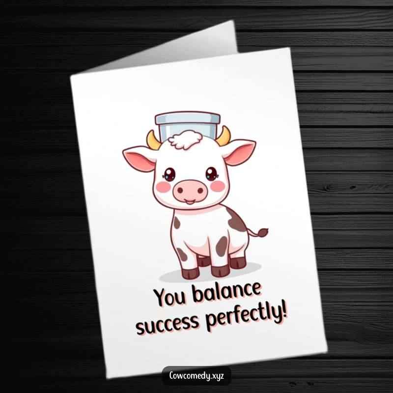 Funny Free Printable Congratulations Card: Kawaii cow balancing a milk pail on its head, representing steady achievement.