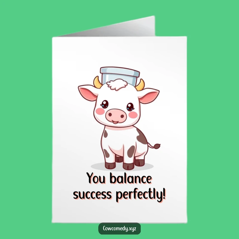 Free Printable Congrats Card: Kawaii Cow's Balanced Success! Downloadable DIY Gift.