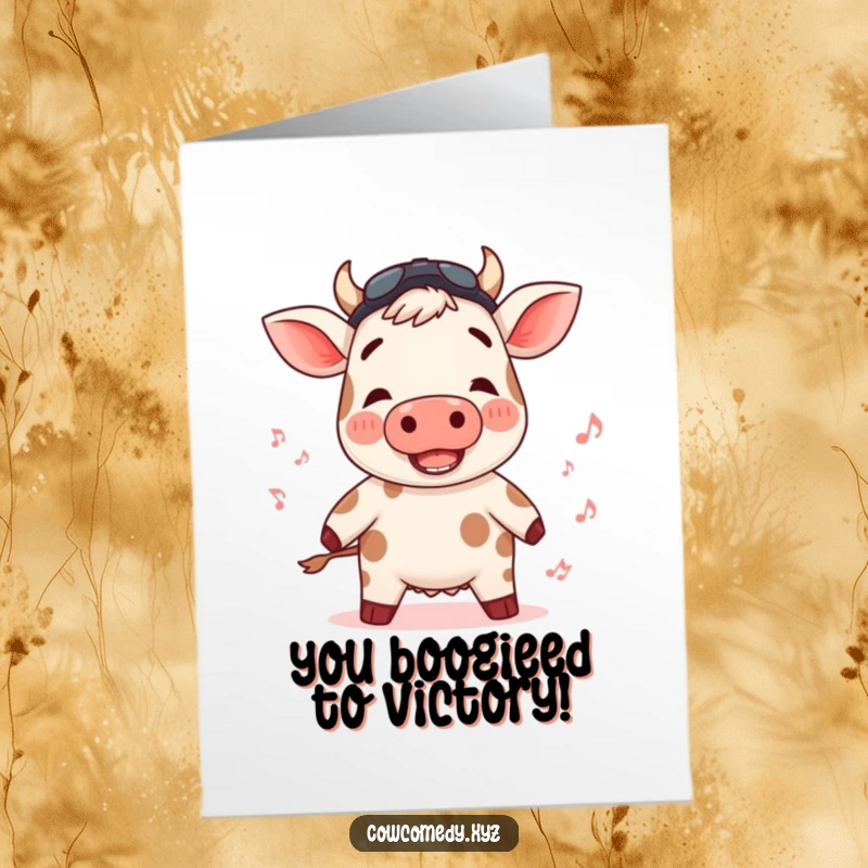 Funny Free Printable Congratulations Card showing a cow with rosy cheeks bopping rhythmically, celebrating a success. A lively downloadable gift.