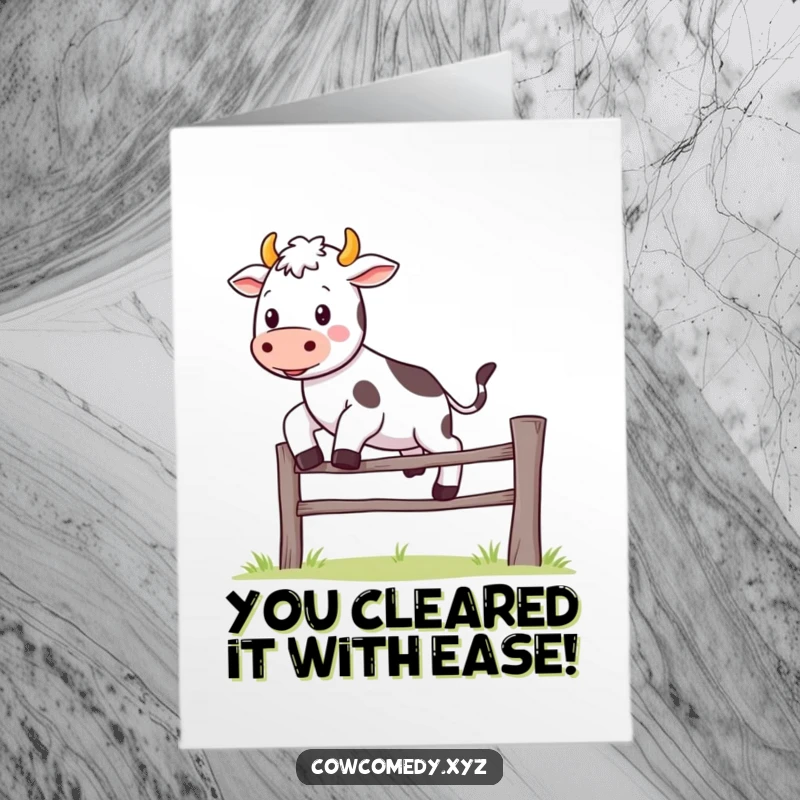 Free Printable Kawaii Cow Congratulations Card showing a happy cow character joyfully leaping over a tiny fence, symbolizing overcoming an obstacle.
